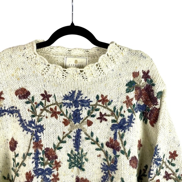 Vtg RARE Express Tricot Womens Large Sweater Floral Lace Crew Neck Pullover L - Picture 1 of 5